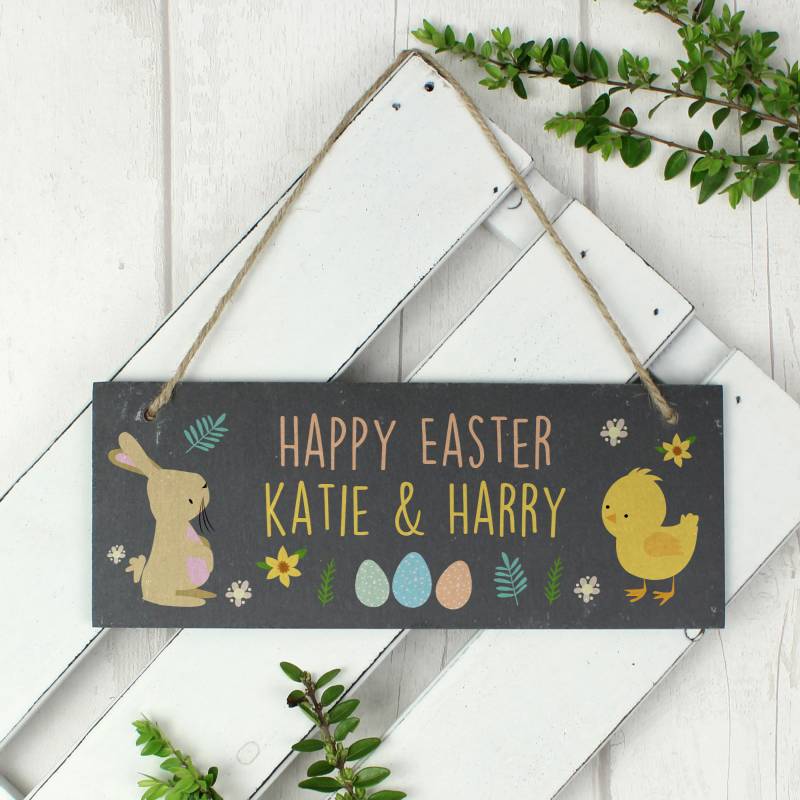 Personalised Easter Bunny & Chick Slate Door Plaque