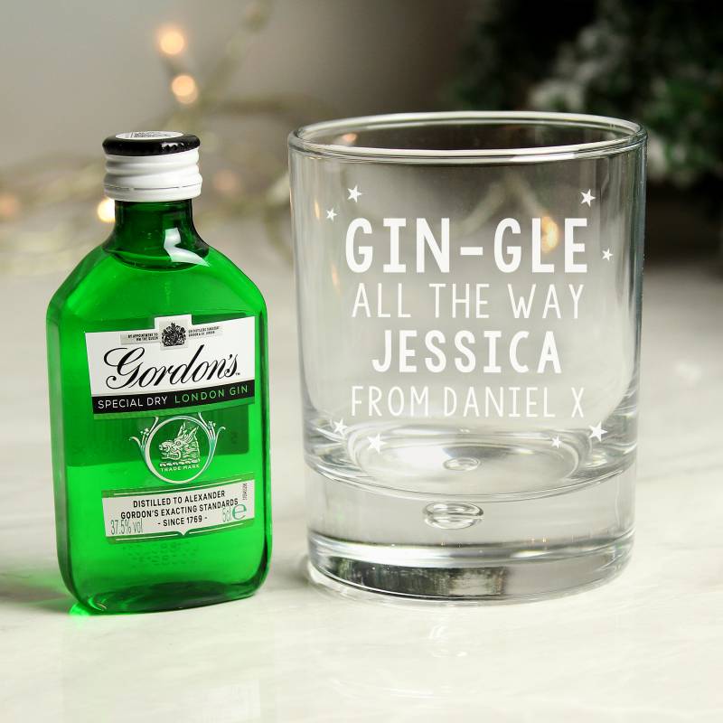 Personalised Gingle Bells Bubble Glass & Gin Minature Set