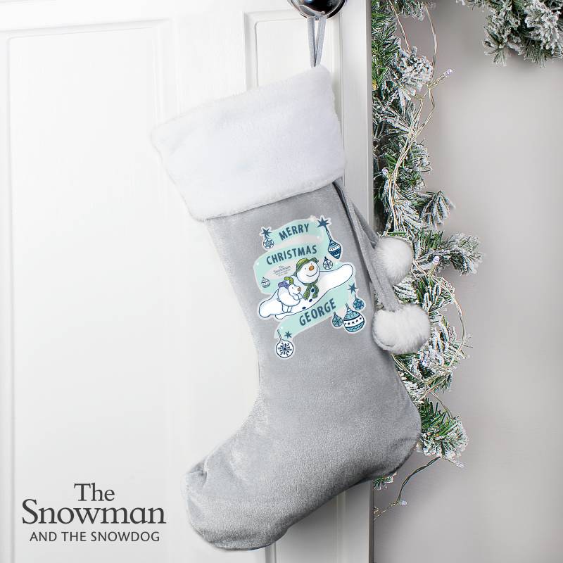 Personalised The Snowman and the Snowdog Luxury Silver Grey Stocking